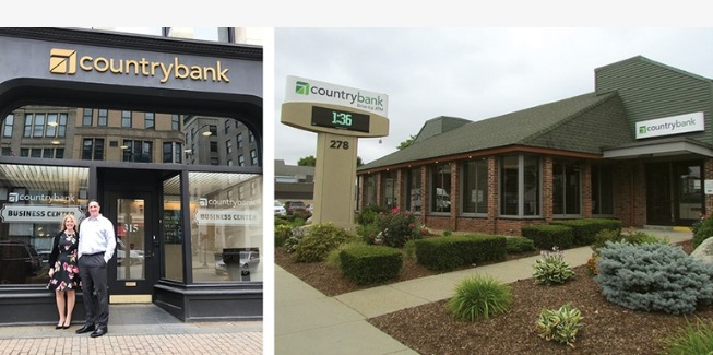 Pictures of the outside of two Country Bank locations; the Loan Production Office and Park Street, Worcester branch location.