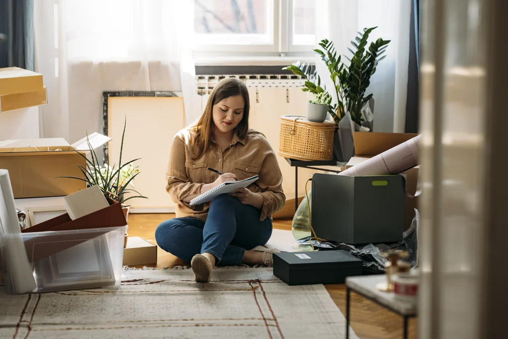 Country-Bank-young-woman-in-new-home-surrounded-by-stuff-to-put-away