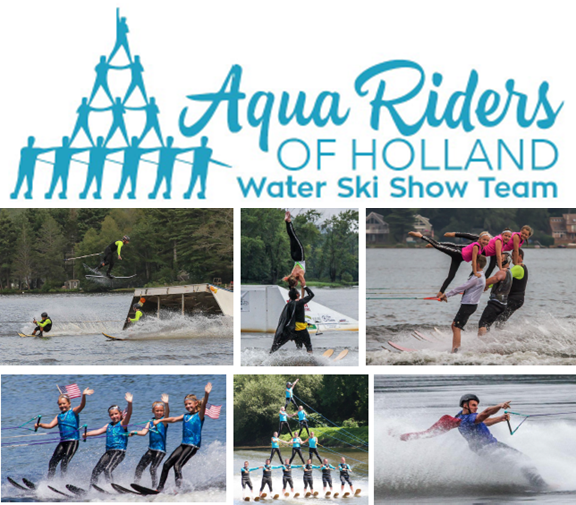 Promo for the Aqua Riders of Holland Water Ski Showw Team, including team logo and six action shots of waterskiers.