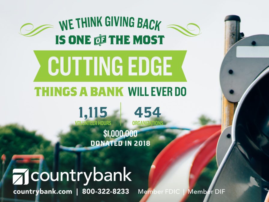 Country Bank promo image showing 1,115 volunteer hours to 454 organizations and $1,000,000 donated in 2018.